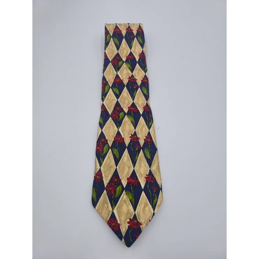 Ermenegildo Zegna Silk Tie Navy Gold Harlequin Diamond Red Floral Italy Mens